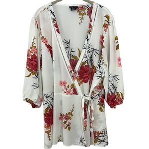 City Chic Floral Wrap Top Womens Size 24 Surplice Neckline 3/4 Puff Sleeve